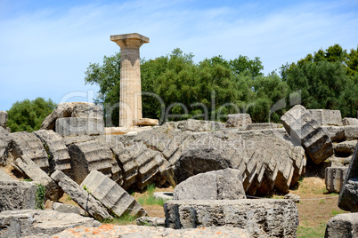 the temple of zeus ruins in ancient olympia, peloponnes, greece