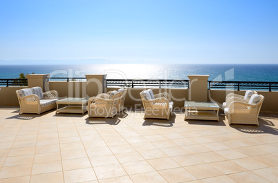 sea view relaxation area of luxury hotel, peloponnes, greece