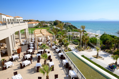 sea view outdoor restaurant at the luxury hotel, peloponnes, gre