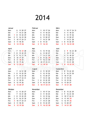 calendar of year 2014