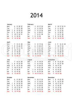 calendar of year 2014