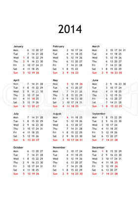 calendar of year 2014