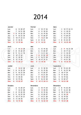 calendar of year 2014