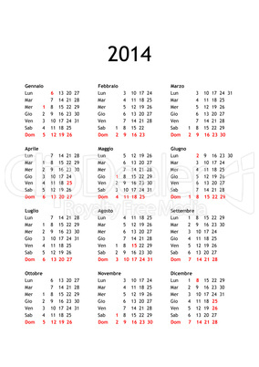 calendar of year 2014