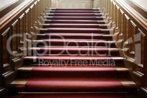 empty wooden staircase with red carpet