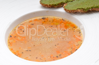 italian minestrone soup with pesto crostini on side