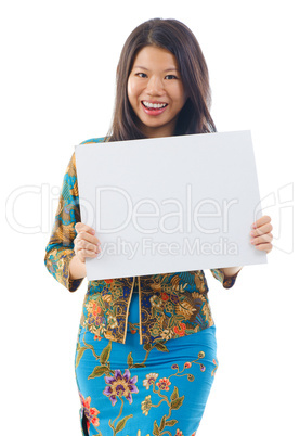 Asian woman holding a white blank card