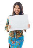 Asian woman holding a white blank card