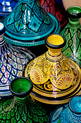 Colorful Moroccan pots (tagines), for traditional cooking.