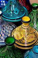 Colorful Moroccan pots (tagines), for traditional cooking.