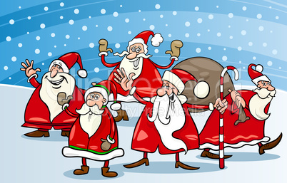 cartoon group of santa clauses