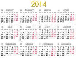 calendar for 2014 year