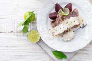 beef with beetroot and horseradish sauce