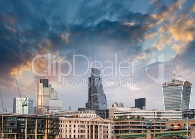 London, UK. Beautiful sunset view of city modern skyline