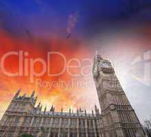 Upward view of Magnificent Big Ben Tower. Beautiful sunset in Lo