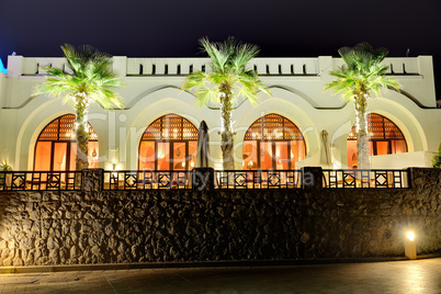 night illumination of restaurant at luxury hotel, ras al khaima,