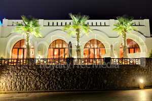 night illumination of restaurant at luxury hotel, ras al khaima,