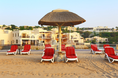 beach of the luxury hotel during sunset, ras al khaima, uae