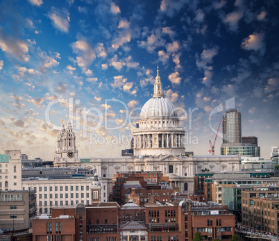 London, UK. Wonderful aerial view of Saint Paul Cathedral and su