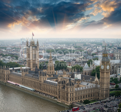 London, UK. Houses of Parliament and Big Ben, beautiful aerial v