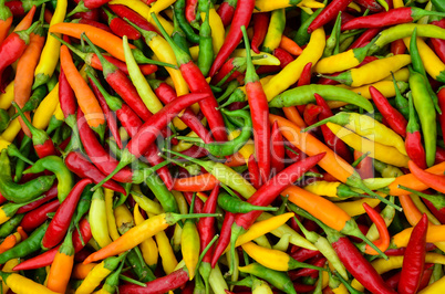 Red, green and yellow peppers