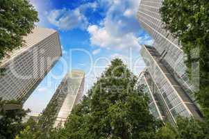 London, Canary Wharf. Beautiful view of Skyscrapers and trees fr