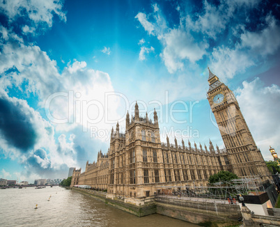 Houses of Parliament and River Thames, London. Beautiful wide an