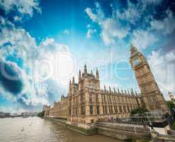 Houses of Parliament and River Thames, London. Beautiful wide an