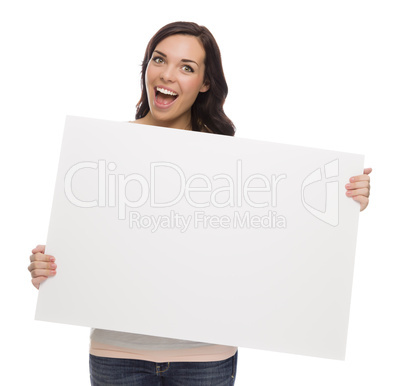 Beautiful Mixed Race Female Holding Blank Sign on White.