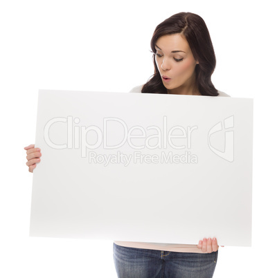 Mixed Race Female Holding Blank Sign on White.