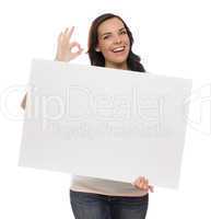 Smiling Mixed Race Female Holding Blank Sign on White.