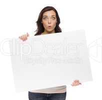 Wide Eyed Mixed Race Female Holding Blank Sign on White.