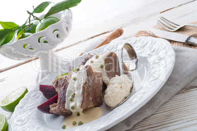 Beef with beetroot and horseradish sauce