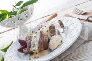 Beef with beetroot and horseradish sauce