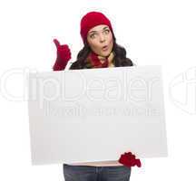 Excited Girl Holds Blank Sign and gives Thumbs Up Gesture