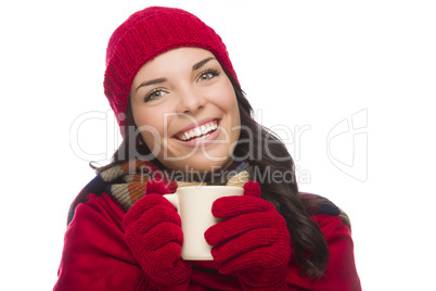 Mixed Race Woman Wearing Winter Hat and Gloves Holds Mug