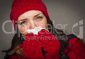 Sick Mixed Race Woman Blowing Her Sore Nose With Tissue