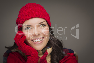 Smilng Mixed Race Woman Wearing Winter Hat and Gloves