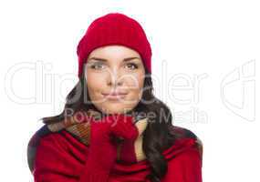 Happy Mixed Race Woman Wearing Winter Hat and Gloves
