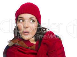 Mixed Race Woman Wearing Mittens and Hat Looks to Side
