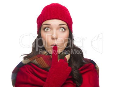 Wide Eyed Mixed Race Woman Wearing Winter Hat and Gloves