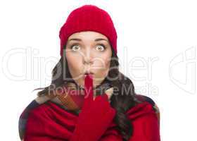 Wide Eyed Mixed Race Woman Wearing Winter Hat and Gloves