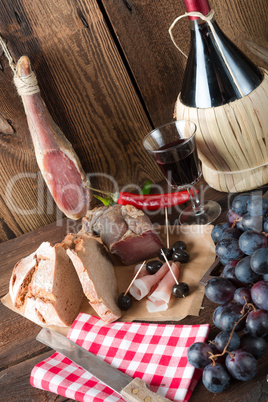 ham, wine and bread
