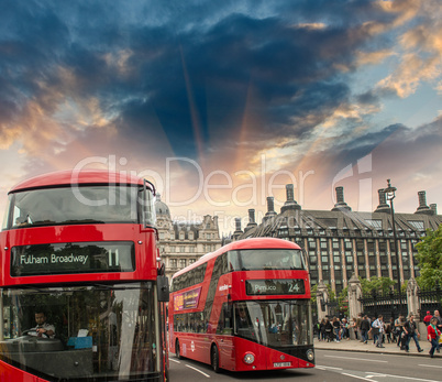 LONDON - SEP 28: Classic red double decker bus in city streets,