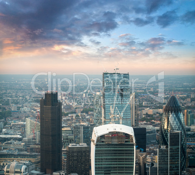 London. Stunning aerial view of modern financial district skylin