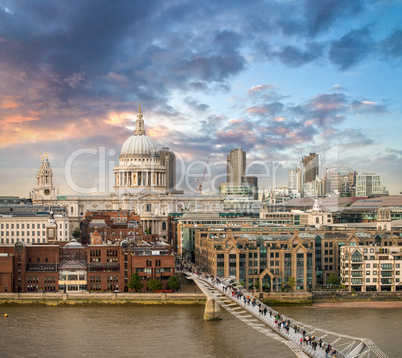 London. Beautiful aerial view of Millennium Bridge and St Paul C