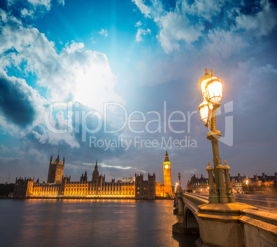 London. Beautiful sunset across Westminster Bridge with Houses o