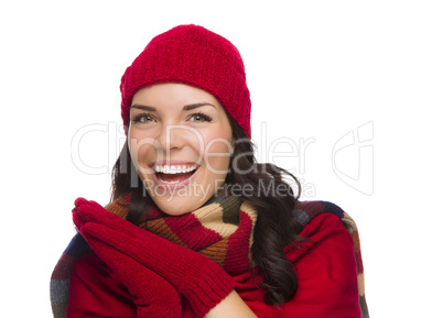 Excited Mixed Race Woman Wearing Winter Hat and Gloves