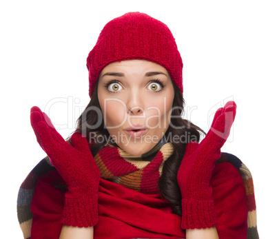 Stunned Mixed Race Woman Wearing Winter Hat and Gloves