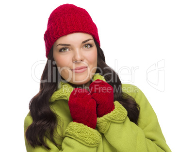 Grinning Mixed Race Woman Wearing Winter Hat and Gloves